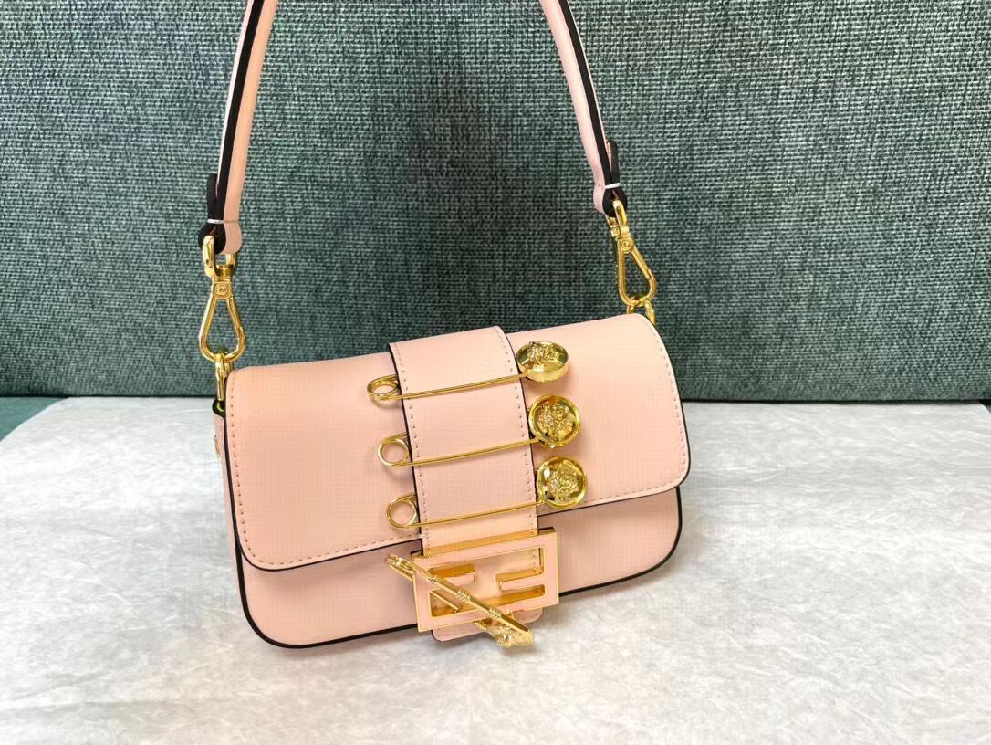 Fendi Brooch mini baguette Fendace leather bag 8BS066A pink