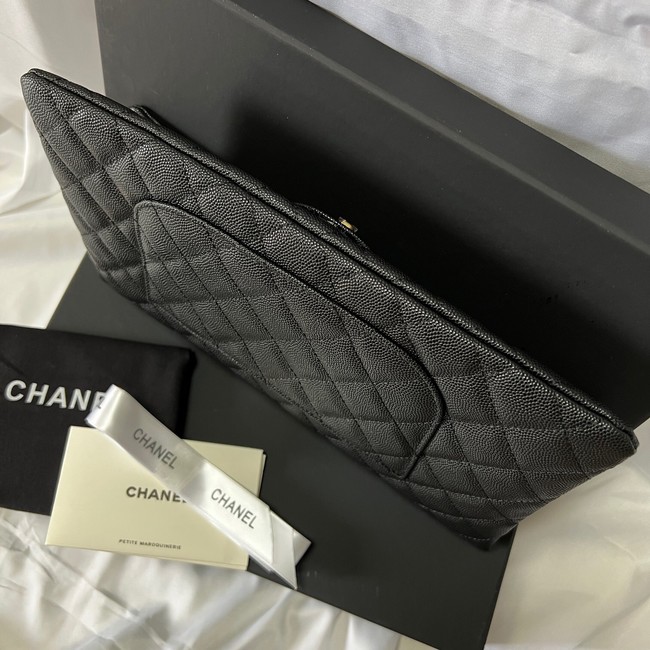 Chanel Clutch Bag Black Caviar Leather 7013 Gold