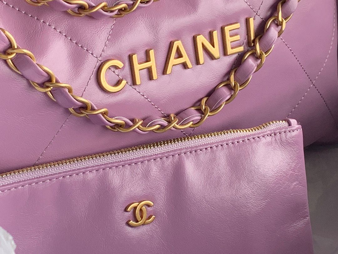 CHANEL 22 HANDBAG Shiny Calfskin & Gold-Tone Metal AS3262 Purple