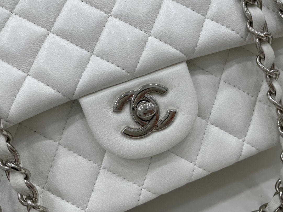 Chanel 2.55 Series Flap Bag Original Sheepskin Leather A1112 White Silver-Tone