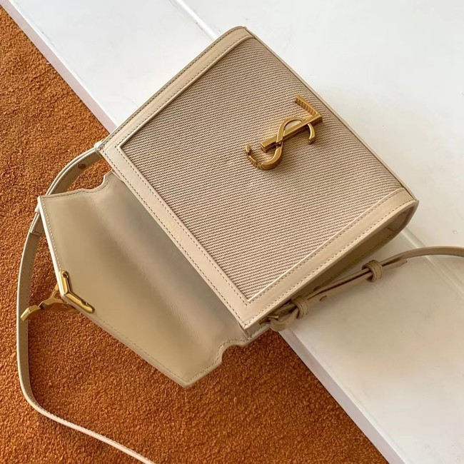 SAINT LAURENT CASSANDRA MINI TOP HANDLE BAG IN CANVAS AND BOX SAINT LAURENT LEATHER 623930 BEIGE ET SEA SALT