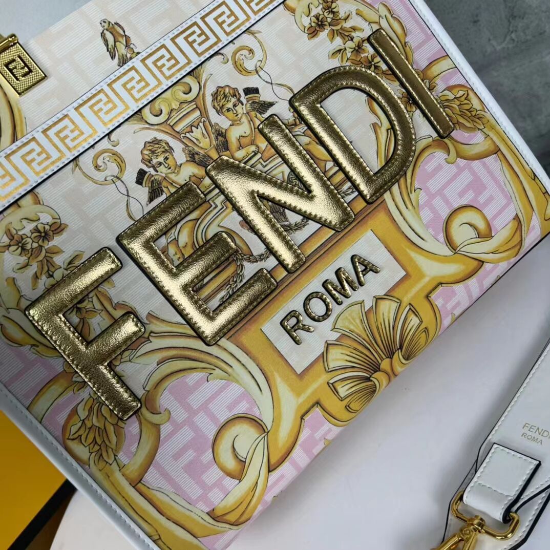 Fendi Sunshine Medium Fendace Printed white leather shopper 8BH386A