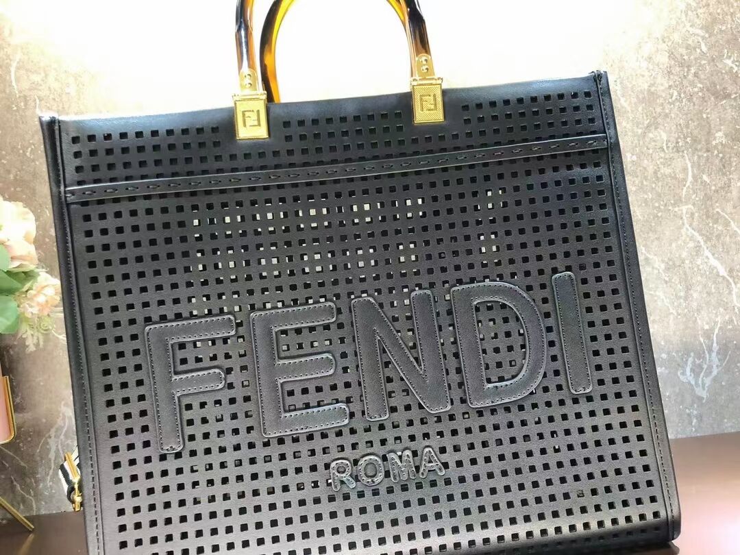 Fendi Sunshine Medium Two-toned perforated leather shopper 8BH386A black