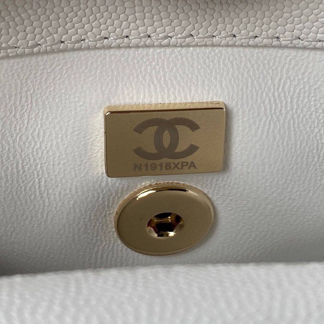 chanel mini flap bag original caviar leather with top handle white AS2215 gold-tone