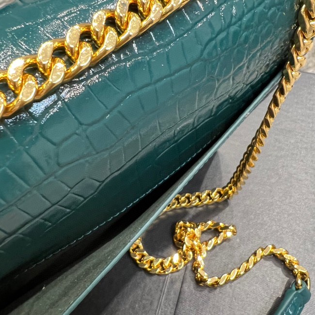 SAINT LAUREN SUNSET MEDIUM CHAIN BAG IN CROCODILE-EMBOSSED SHINY LEATHER 422906 SEA TURQUOISE