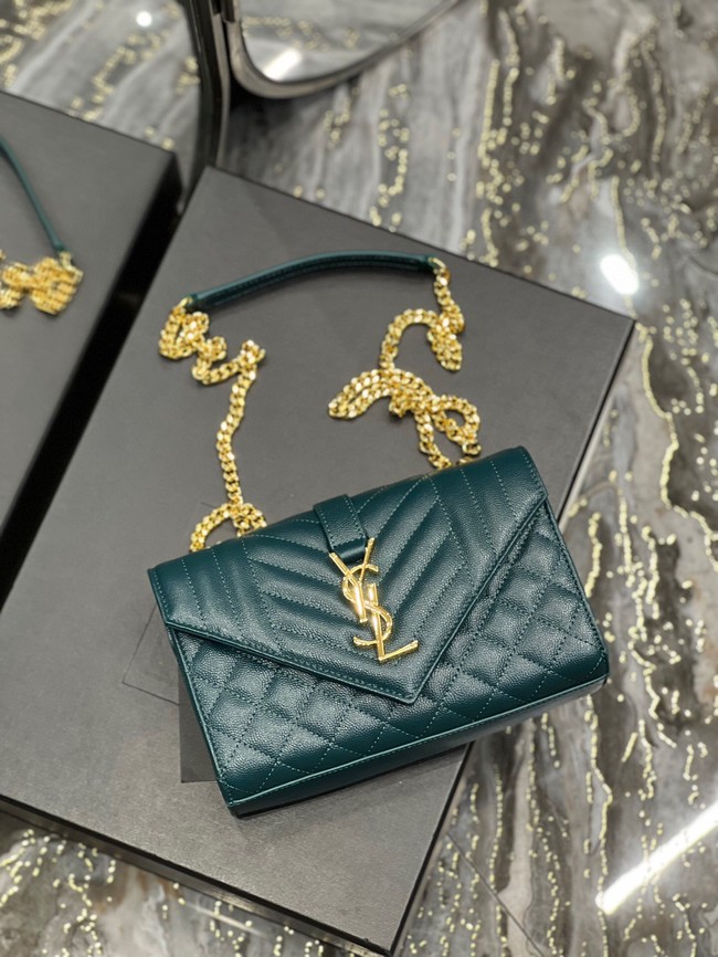 SAINT LAURENT MONOGRAM CHAIN WALLET IN MIX MATELASSE GRAIN DE POUDRE EMBOSSED LEATHER 620280 GREEN