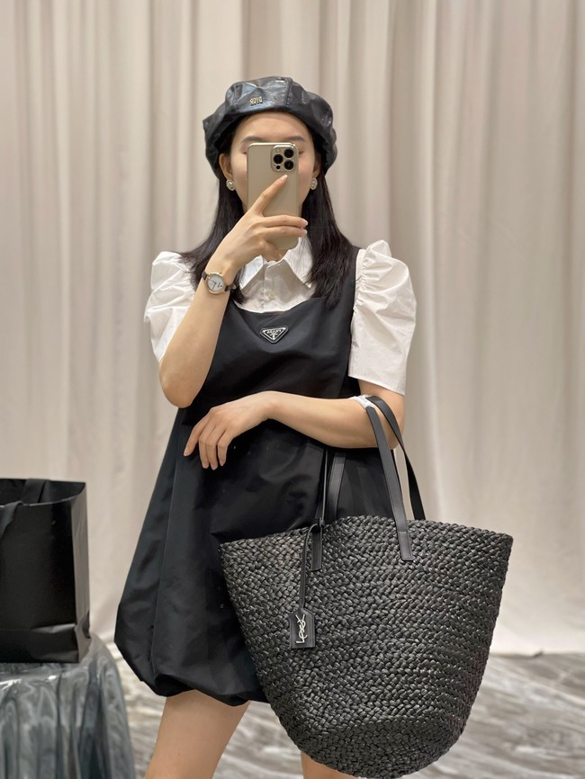 SAINT LAURENT PANIER MEDIUM BAG IN RAFFIA 693242 BLACK