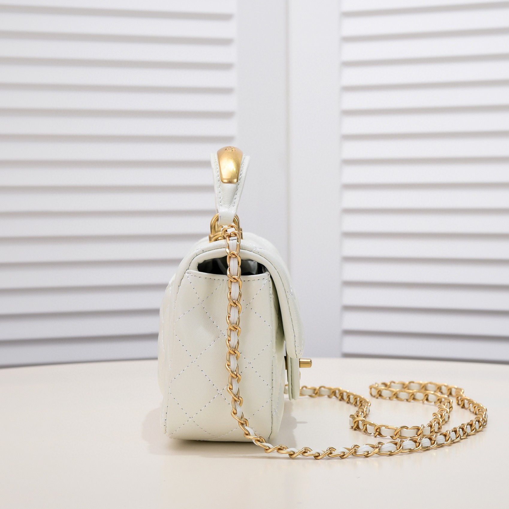 CHANEL 22B mini CF flap bag with Gold hardware top handle AS2431 White