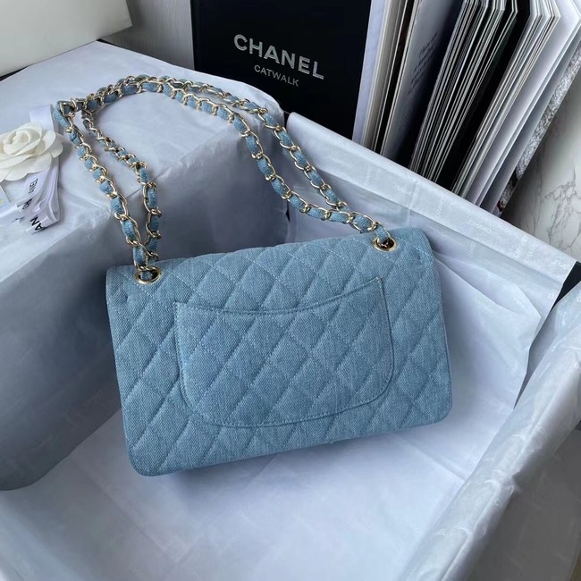 CHANEL CLASSIC HANDBAG Printed Denim & Gold-Tone Metal 1112 Light Blue