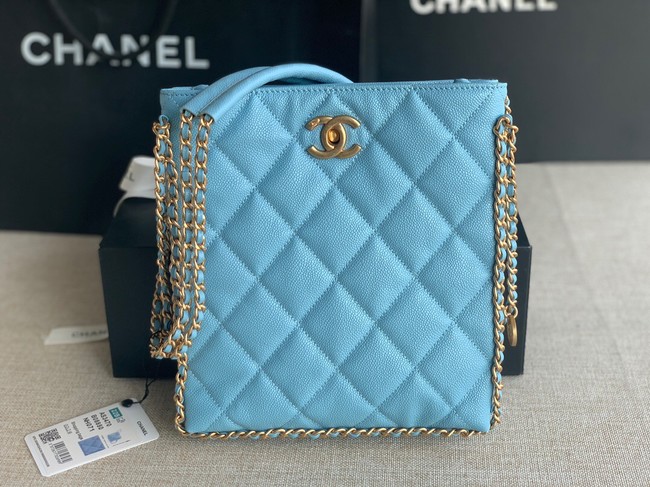 Chanel SMALL SHOPPING BAG Grained Calfskin & Gold-Tone Metal AS3470 light blue