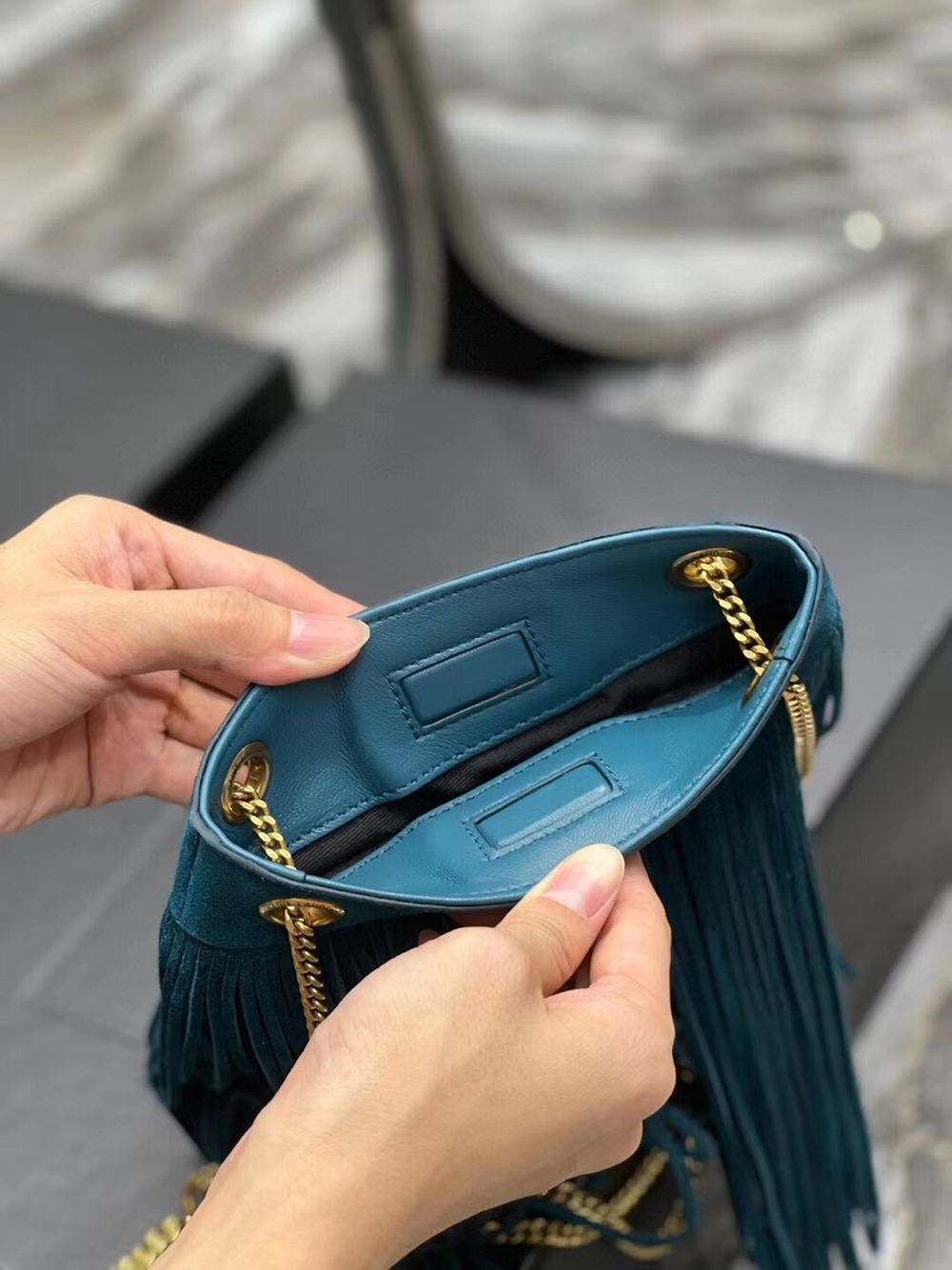 SAINT LAURENT SMALL CHAIN BAG IN LIGHT SUEDE WITH FRINGES 683378 blue