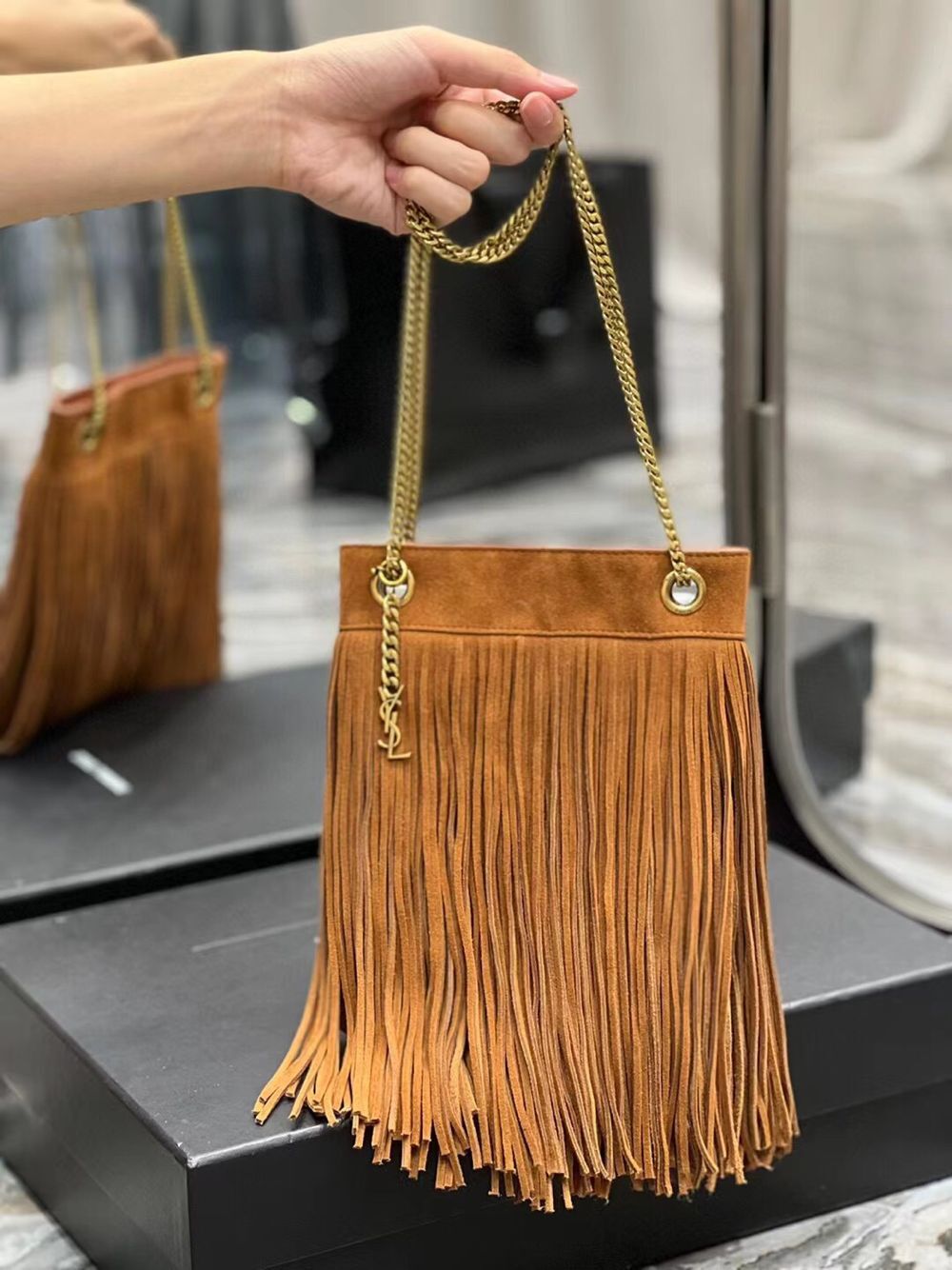 SAINT LAURENT SMALL CHAIN BAG IN LIGHT SUEDE WITH FRINGES 683378 brown