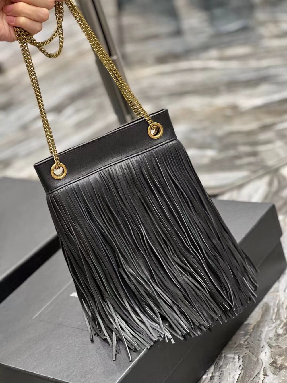 SAINT LAURENT SMALL CHAIN BAG IN SMOOTH LEATHER WITH FRINGES 683378 BLACK