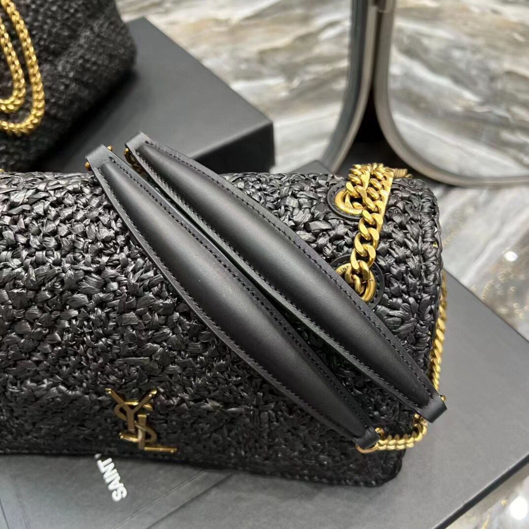 SAINT LAURENT JAMIE MEDIUM CHAIN BAG CARRE RIVE GAUCHE IN CROCHET RAFFIA AND SMOOTH LEATHER 515821 BLACK