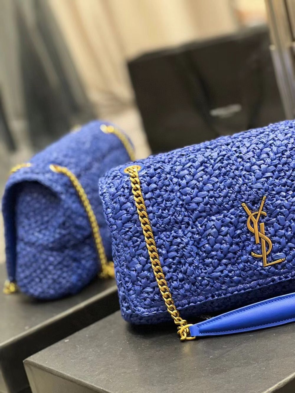 SAINT LAURENT JAMIE MEDIUM CHAIN BAG CARRE RIVE GAUCHE IN CROCHET RAFFIA AND SMOOTH LEATHER 515821 BLUE