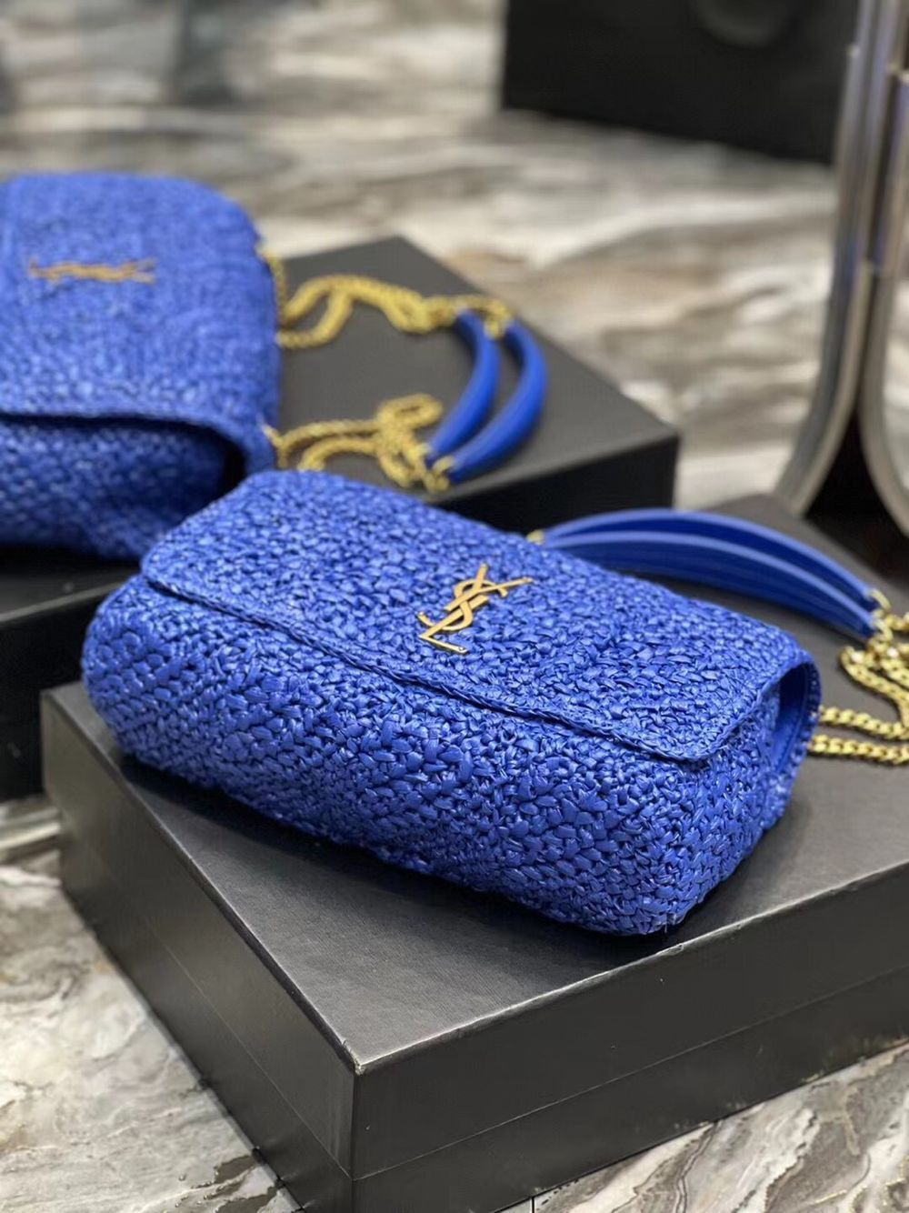 SAINT LAURENT JAMIE MEDIUM CHAIN BAG CARRE RIVE GAUCHE IN CROCHET RAFFIA AND SMOOTH LEATHER 515821 BLUE