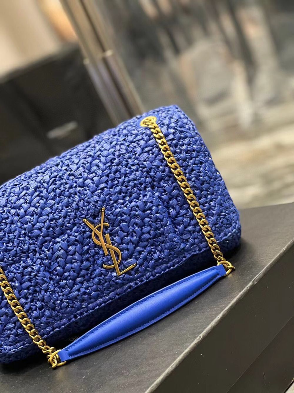 SAINT LAURENT JAMIE MEDIUM CHAIN BAG CARRE RIVE GAUCHE IN CROCHET RAFFIA AND SMOOTH LEATHER 515821 BLUE