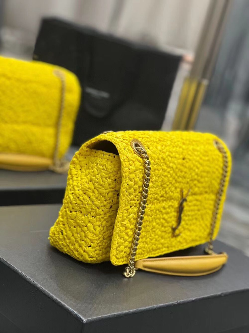 SAINT LAURENT JAMIE MEDIUM CHAIN BAG CARRE RIVE GAUCHE IN CROCHET RAFFIA AND SMOOTH LEATHER 515821 YELLOW