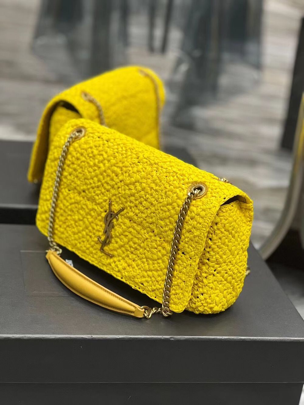 SAINT LAURENT JAMIE MEDIUM CHAIN BAG CARRE RIVE GAUCHE IN CROCHET RAFFIA AND SMOOTH LEATHER 515821 YELLOW