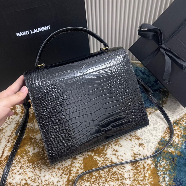 SAINT LAURENT CASSANDRA MEDIUM TOP HANDLE BAG IN CROCODILE-EMBOSSED SHINY LEATHER B623931 BLACK