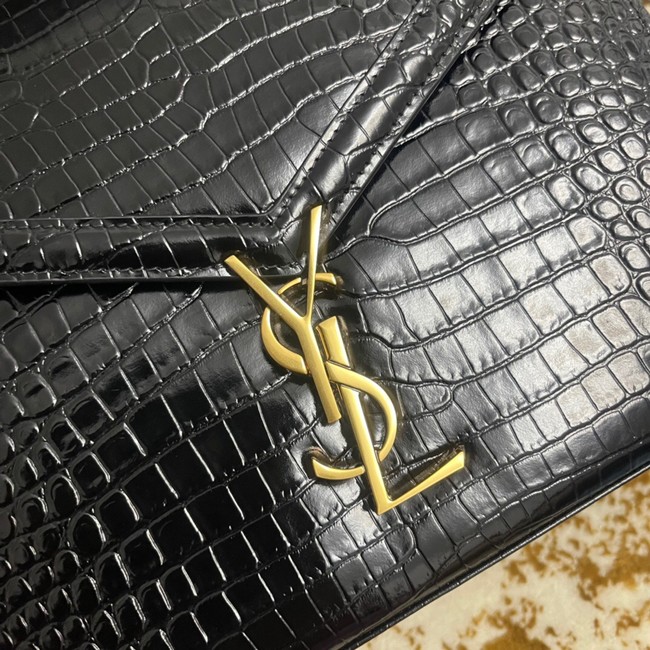 SAINT LAURENT CASSANDRA MEDIUM TOP HANDLE BAG IN CROCODILE-EMBOSSED SHINY LEATHER B623931 BLACK