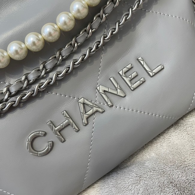 CHANEL MINI 22 HANDBAG Metallic Calfskin & Silver Metal AS3989 gray