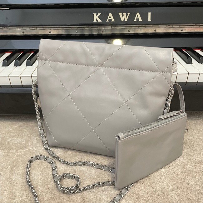 CHANEL MINI 22 HANDBAG Metallic Calfskin & Silver Metal AS3989 gray