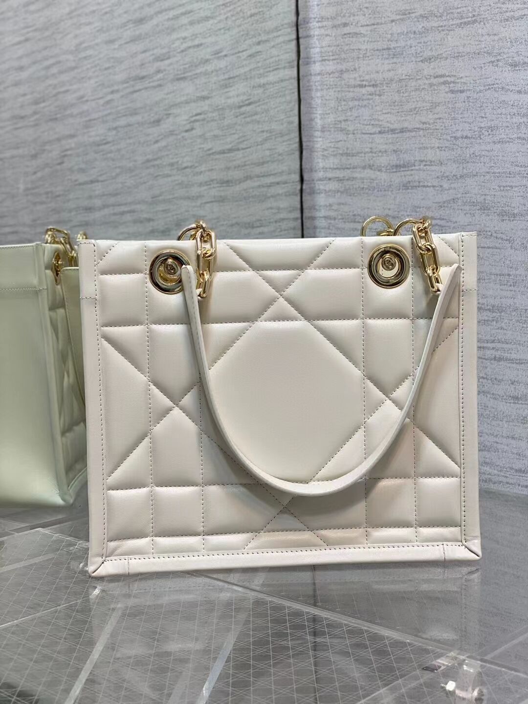 SMALL DIOR ESSENTIAL TOTE BAG Hazelnut Archicannage Calfskin M87211 WHITE