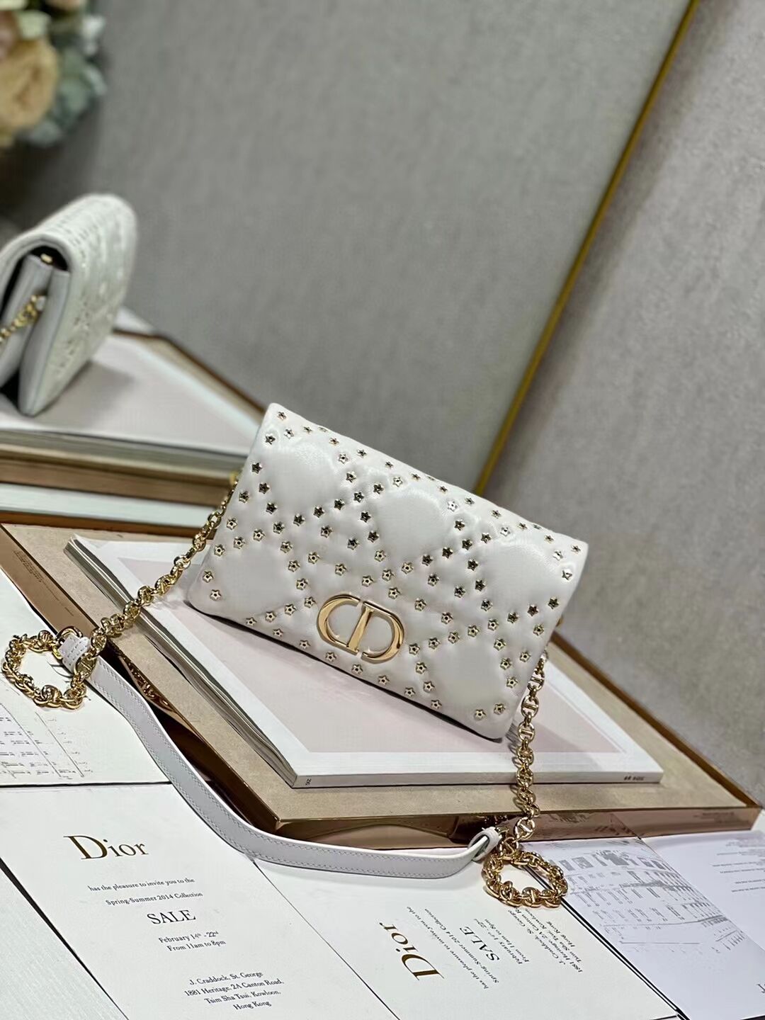 DIOR CARO MACROCANNAGE POUCH Macrocannage Calfskin with Star Motif S5135UNH white&gold