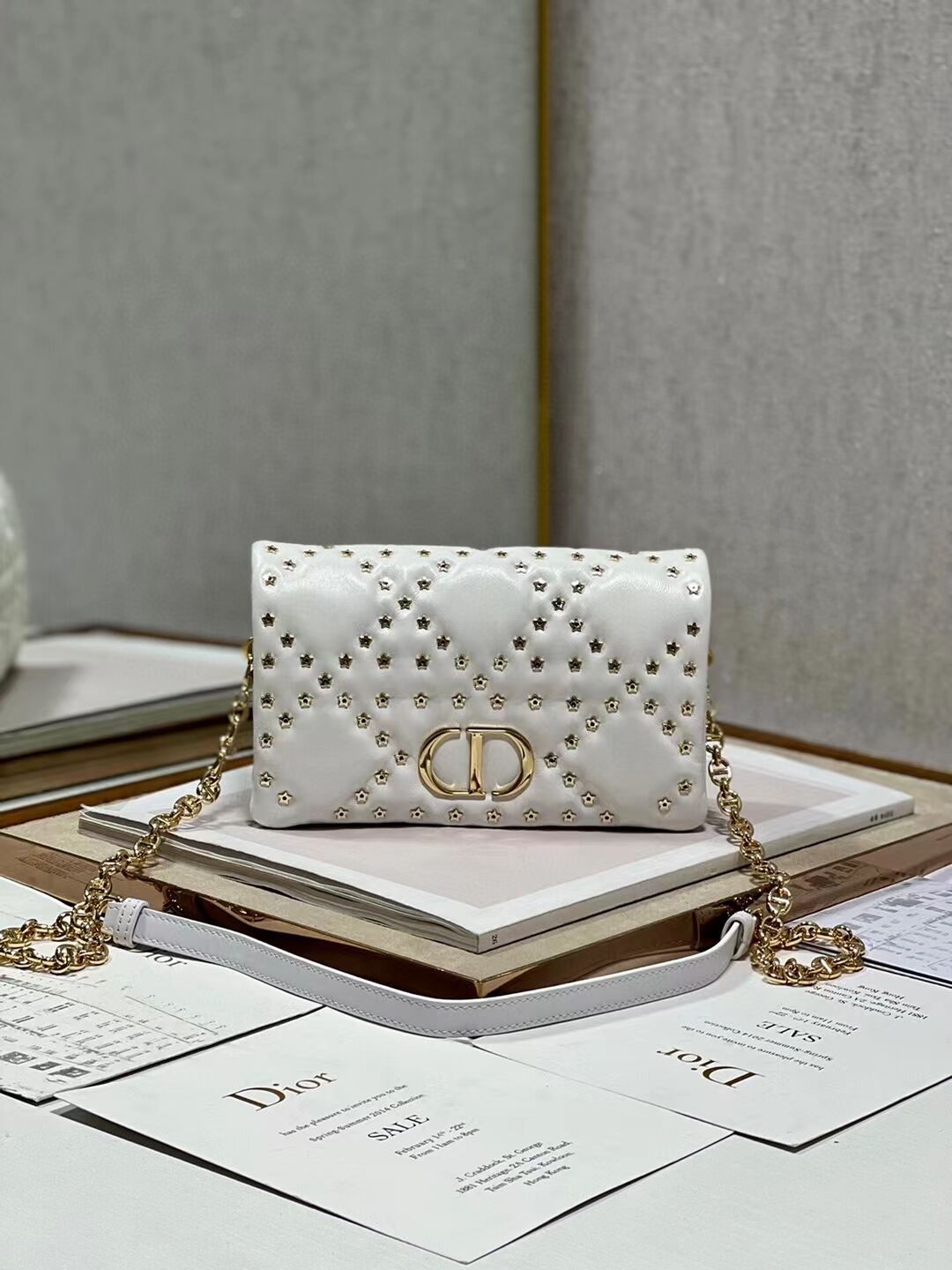 DIOR CARO MACROCANNAGE POUCH Macrocannage Calfskin with Star Motif S5135UNH white&gold