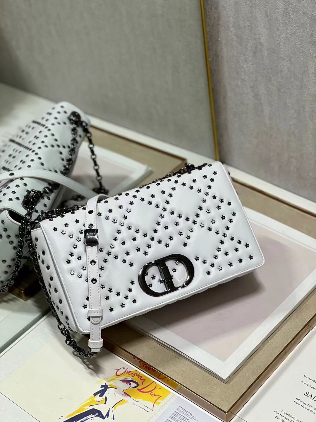 DIOR CARO MACROCANNAGE POUCH Macrocannage Calfskin with Star Motif C3136 white&black