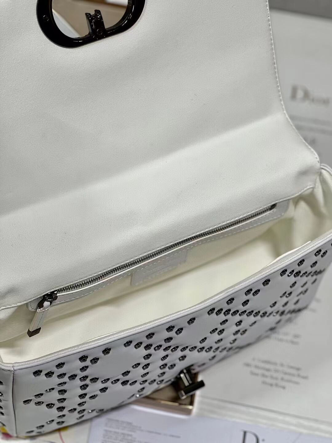 DIOR CARO MACROCANNAGE POUCH Macrocannage Calfskin with Star Motif C3136 white&black