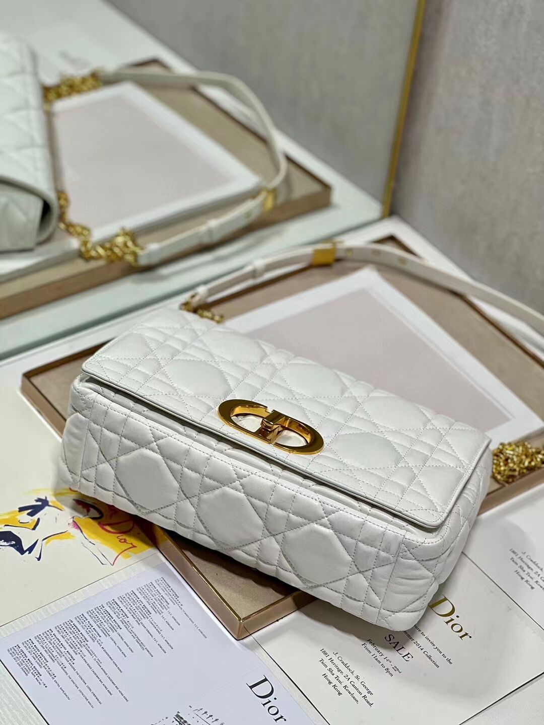 LARGE DIOR CARO BAG Supple Cannage Calfskin C3155 white&gold