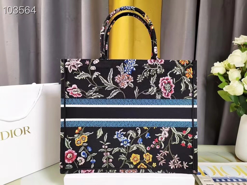 LARGE DIOR BOOK TOTE Black Multicolor Dior Petites Fleurs Embroidery M1286ZEA