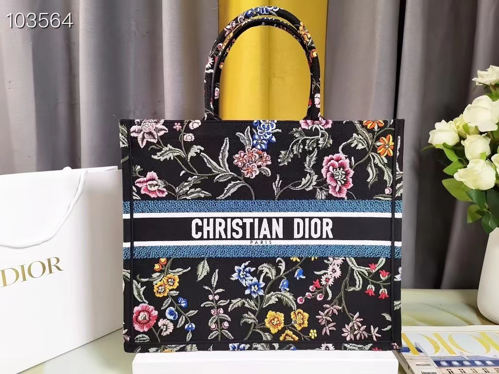 LARGE DIOR BOOK TOTE Black Multicolor Dior Petites Fleurs Embroidery M1286ZEA