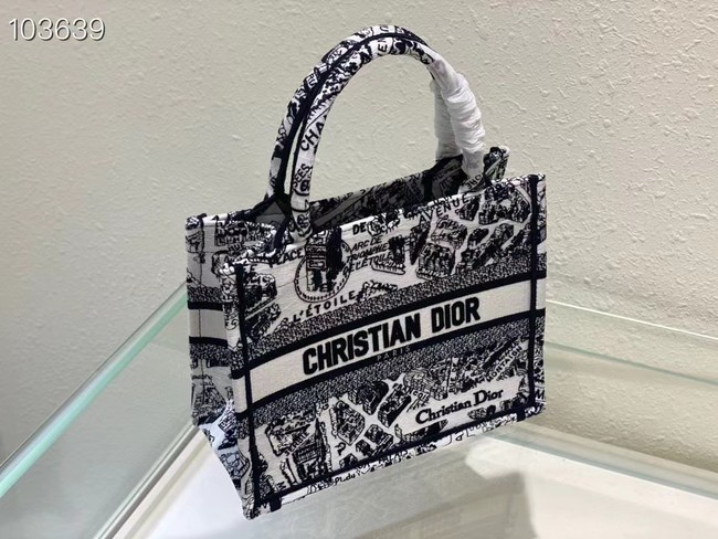 SMALL DIOR BOOK TOTE Black and White Plan de Paris Embroidery M1265ZC