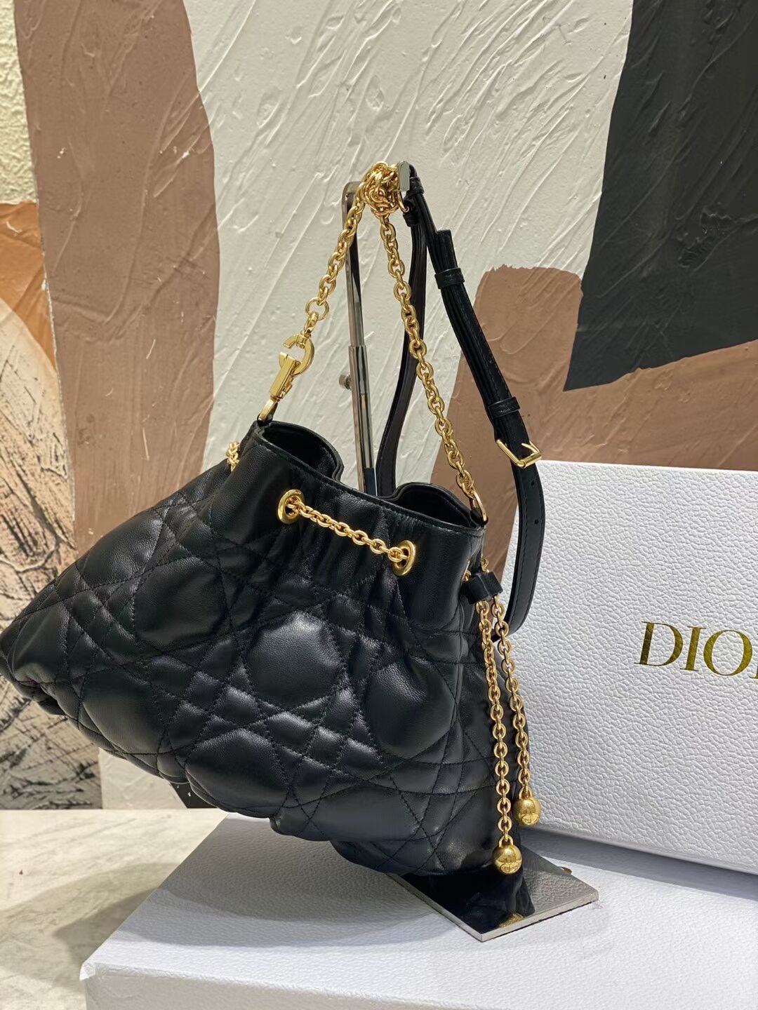 MEDIUM DIOR AMMI BAG Sand Black Supple Macrocannage Lambskin M22566F