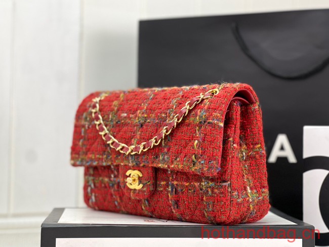 Chanel CLASSIC HANDBAG Wool Tweed A1112 red