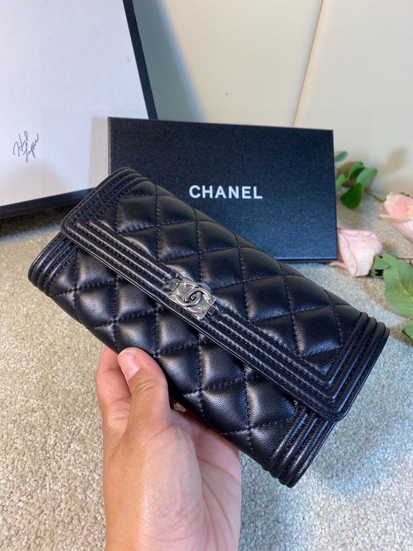 Chanel Boy Matelasse Long Wallet Black Sheepskin CHA5263 Silver