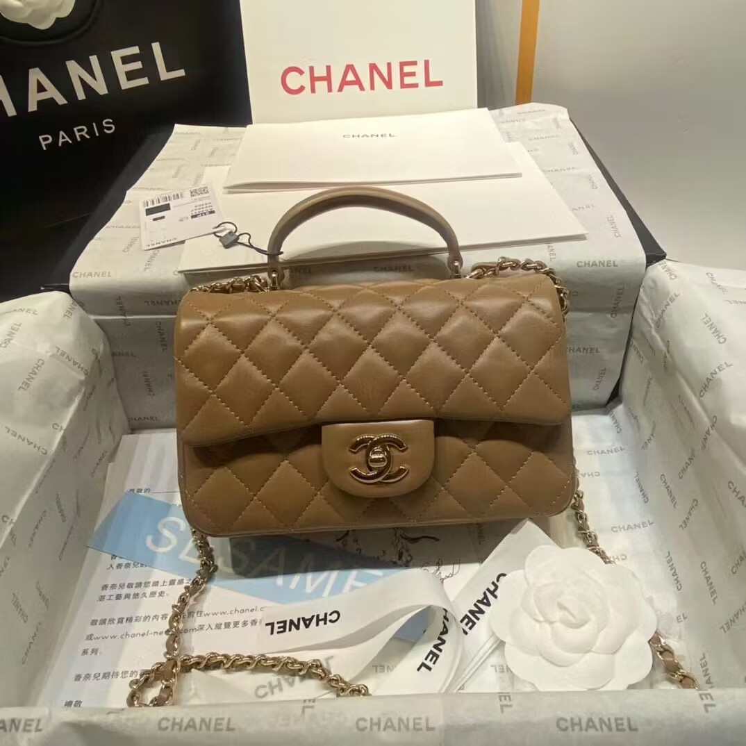 Chanel CF Top Handle mini flap bag Sheepskin Leather AS2431 Brown