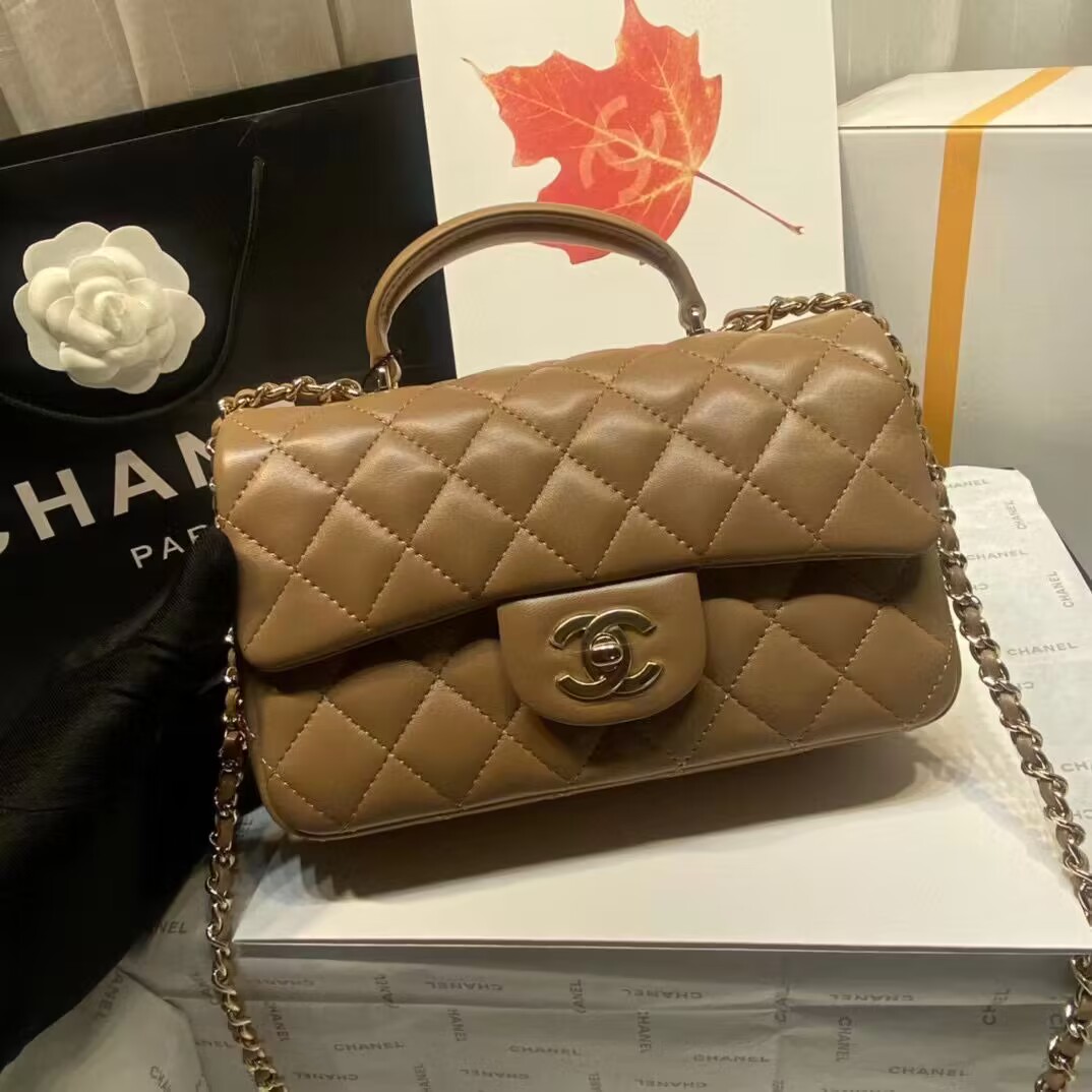 Chanel CF Top Handle mini flap bag Sheepskin Leather AS2431 Brown