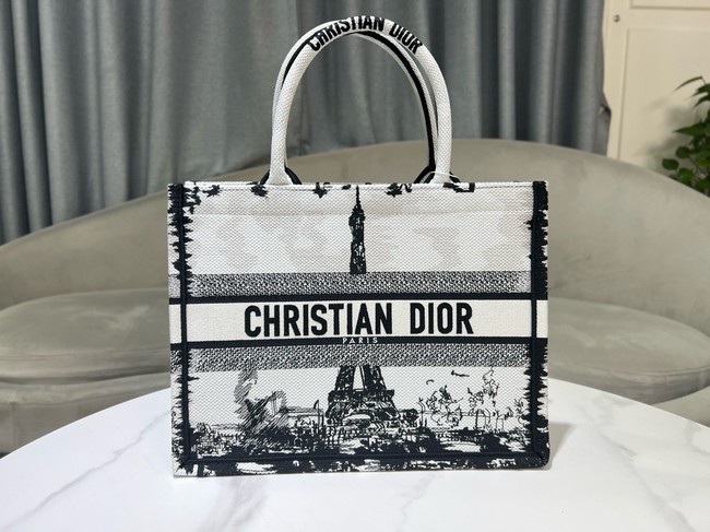 Medium Dior Book Tote White and Black Paris Embroidery M1296ZEG