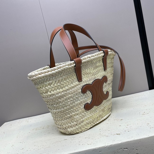 CELINE TEEN SUPPLE CELINE CLASSIC PANIER IN RAFFIA AND CALFSKIN 115802 TAN