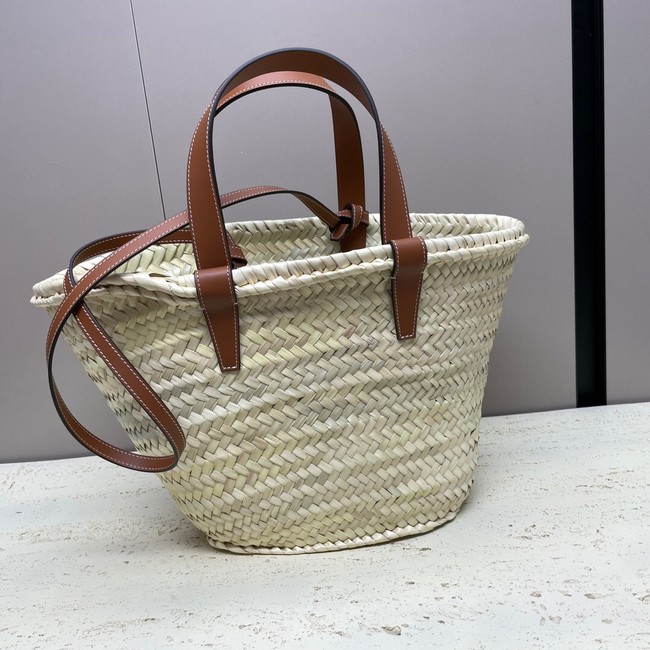 CELINE TEEN SUPPLE CELINE CLASSIC PANIER IN RAFFIA AND CALFSKIN 115802 TAN