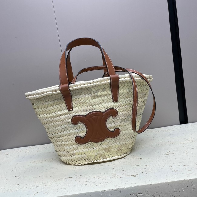 CELINE TEEN SUPPLE CELINE CLASSIC PANIER IN RAFFIA AND CALFSKIN 115802 TAN