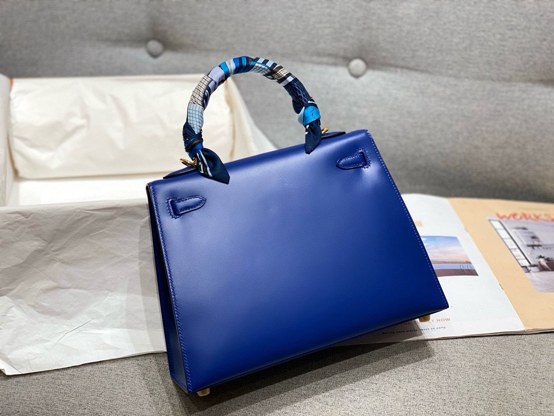 Hermes Kelly 28cm Shoulder Bags Smooth Box Leather KL28 Blue Gold-Tone