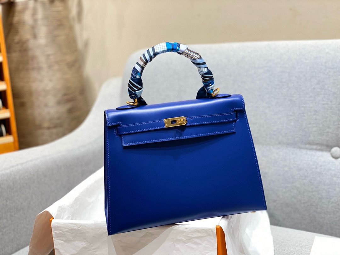 Hermes Kelly 28cm Shoulder Bags Smooth Box Leather KL28 Blue Gold-Tone