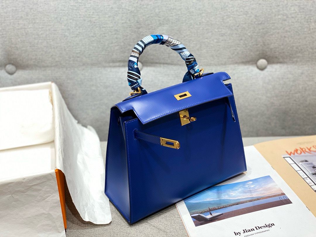 Hermes Kelly 28cm Shoulder Bags Smooth Box Leather KL28 Blue Gold-Tone