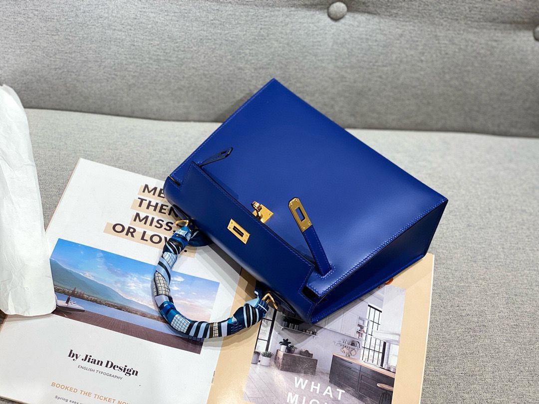 Hermes Kelly 28cm Shoulder Bags Smooth Box Leather KL28 Blue Gold-Tone