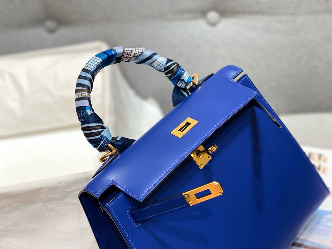 Hermes Kelly 28cm Shoulder Bags Smooth Box Leather KL28 Blue Gold-Tone